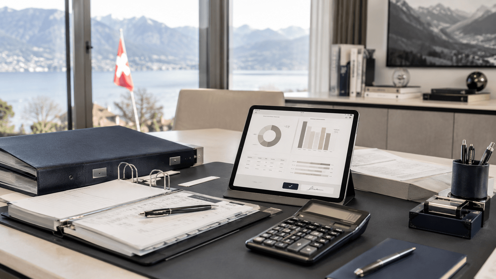 An owner's desk overlooking a Swiss lake — binder, calculator, signed report on tablet.
