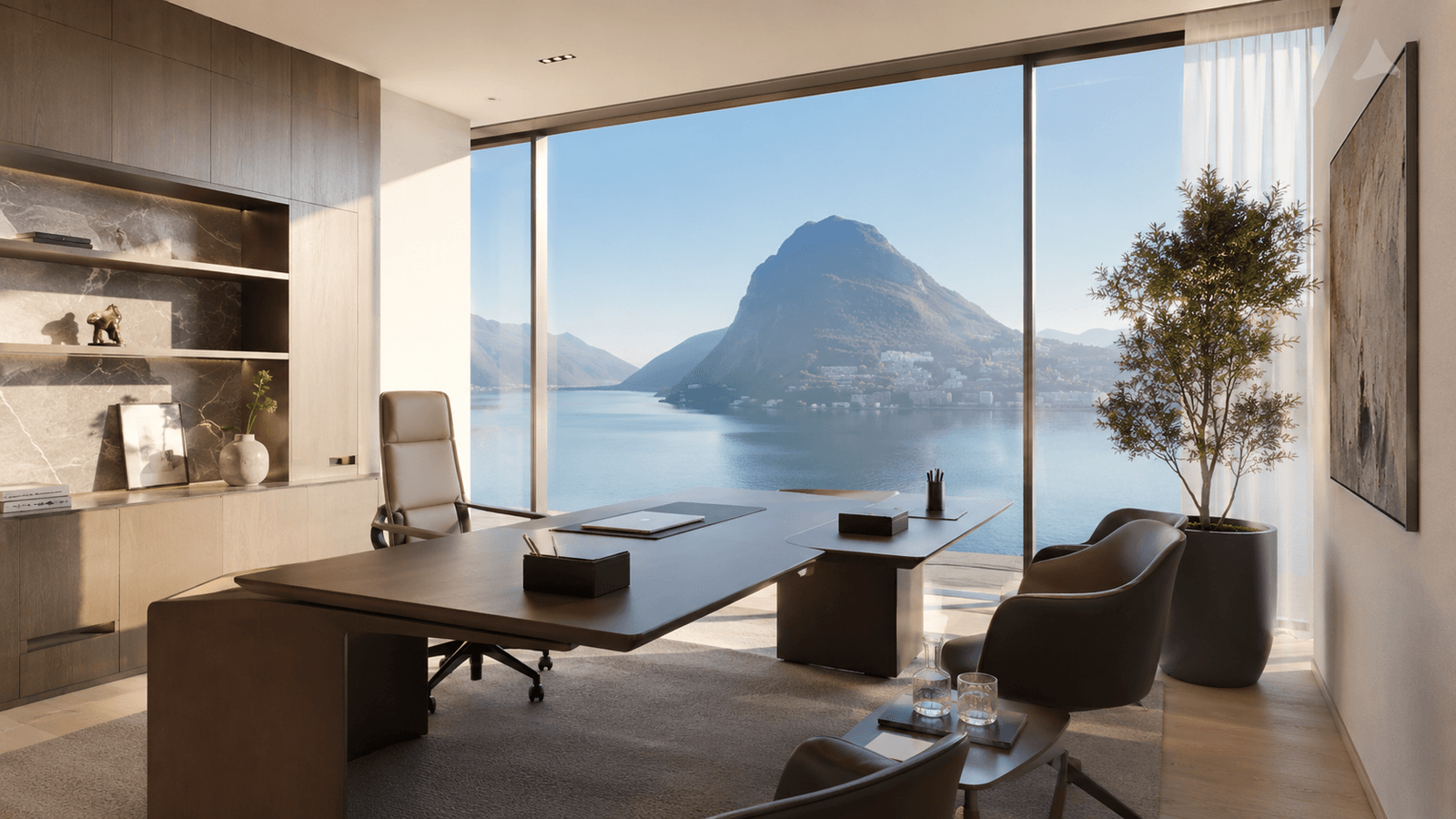 Executive office overlooking a Swiss lake — calm, private, daylight.